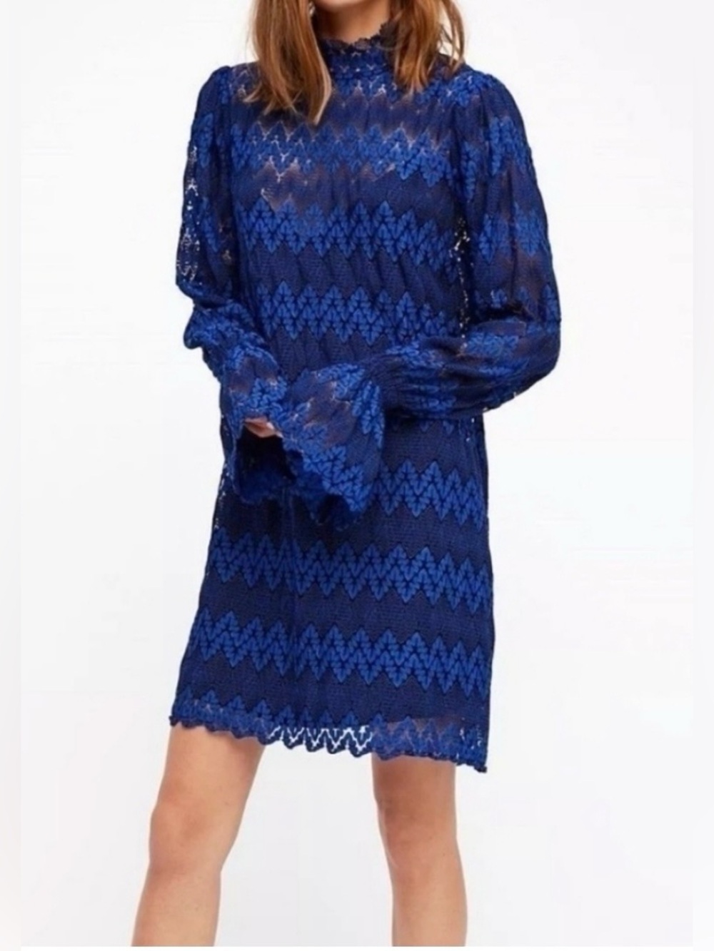 Free People Simone Royal Blue Lace Bell Long-Sleeve Mini Dress